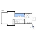 Erdgeschossplan mit Schlafzimmer, Küche und Bad