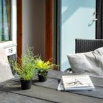 Terrace with table, chairs, and plants. A book lies on the table.