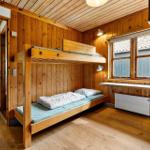 Room with wooden walls, bunk beds, and window