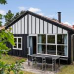 Black wooden house with white timber frame, terrace with table and chairs, surrounded by trees.