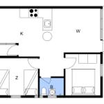 Apartment with kitchen, living room, bedroom, and bathroom.