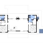 Apartment with two bedrooms, kitchen, and bathroom. Hallway with table and chairs.