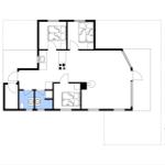 Wohnung mit drei Schlafzimmern, Küche und Bad. Raumübersicht mit Orientierung.