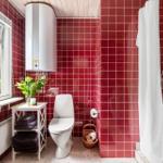 Bathroom with red tiles, shower, toilet, and window.
