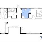Apartment with three bedrooms, kitchen, and bathroom.