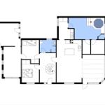 Ground floor plan with kitchen, bathroom, bedrooms, and elevator.