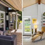 Außenbereich mit Sofa und Terrasse. Innenraum mit Sessel und Bücherregal.