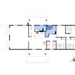 Grundriss einer Ferienwohnung mit Küche, Schlafzimmer und Bad.