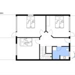 Stueplan zeigt zwei Schlafzimmer, ein Wohnzimmer mit Sovesofa und eine Toilette.