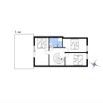 Erdgeschossplan mit drei Schlafzimmern, Bad und Treppe.