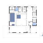 Geschossplan zeigt Wohnbereich, Schlafzimmer und Badezimmer mit Maßen.