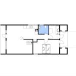 Stueplan zeigt Küche, Bad, Schlafzimmer und Wohnbereich mit Treppe.