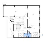 Geschossplan mit Küche, Schlafzimmer und Bad