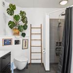 Badezimmer mit Dusche, Toilette, Waschtisch und Pflanze.