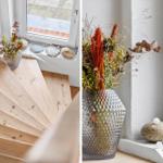 Holztreppenbereich mit Blumenarrangement am Fenster.