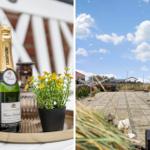 Champagnerflasche und Pflanze auf Tisch. Terrasse mit Sitzgelegenheit und Blick auf Himmel.