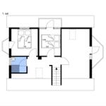 Erster Stock mit Schlafzimmer und Bad. Treppenhaus führt zur nächsten Etage.