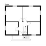 Kellerplan mit vier Räumen und Treppe zur oberen Etage.