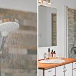 Bathroom with shower and sink with wooden countertop