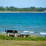 Wooden bench by the shore with view of turquoise water and green hills in the background.