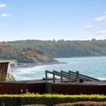 Sea view with forest and beach. Wooden terrace and green hedge.