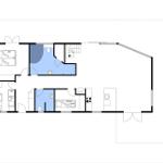Einfache Grundrisszeichnung einer Wohnung mit Küche, Schlafzimmer und Bad.