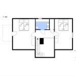 Erdgeschossplan mit zwei Schlafzimmern, Bad und Treppe zur oberen Etage.