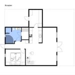 Stueplan zeigt Wohnfläche mit Küche, Bad und Schlafzimmer.