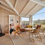 Wohnraum mit Kamin, Sofa und Stühlen. Große Fenster bieten Blick auf die Landschaft.