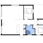 Zwei Schlafzimmer, Küche, Bad und Wohnbereich mit Kompass.