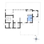 Apartment with kitchen, bathroom, and three bedrooms. Room layout with compass.