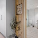 Bathroom with toilet, sink, and mirror. Wooden wall and plant visible.
