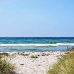 Strand mit Sand und Gras, Blick auf das Meer unter blauem Himmel.