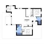 Wohnung mit drei Schlafzimmern, Küche und Bad. Flur mit Treppe.