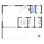 Wohnung mit Küche, Bad und zwei Schlafzimmern. Raumplan mit Maßangaben.
