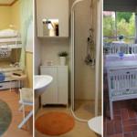 Zimmer mit Doppelstockbett, Badezimmer mit Dusche und Essbereich mit Tisch und Stühlen.