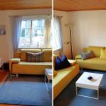 Wohnzimmer mit gelbem Sofa, blauem Teppich und Fernseher an der Wand.