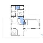 Flurplan mit Schlafzimmern, Bad und Küche.