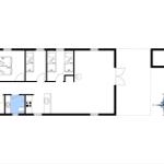 Gesamtplan mit Schlafzimmer, Küche und Bad.