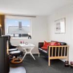 Wohnraum mit Kamin, Sofa und Sitzgelegenheit. Fenster zeigt Dach und Himmel.