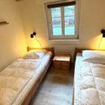 Zwei Einzelbetten mit Nachttisch und Fenster im Zimmer.