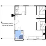 Wohnung mit drei Schlafzimmern, Küche und überdachter Terrasse.