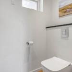 Toilet room with wall picture, toilet, and toilet paper holder.