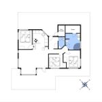 Dieses Haus hat zwei Schlafzimmer, eine Küche, eine Sauna und einen Schuppen.