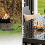 Außenbereich mit Grill und Tisch mit Getränken und Pflanze.
