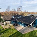 Blue house with terrace and garden. Roof with skylights. Surrounded by trees.