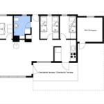 Apartment with bedroom, kitchen, bathroom, and covered terrace.