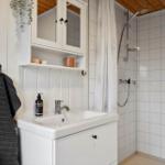 Badezimmer mit Dusche, Waschbecken und Spiegelschrank.