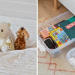 Drei Stofftiere liegen auf einem Bett. Unter dem Bett befinden sich Spielzeugboxen.