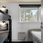 Room with bunk bed, single bed, and window view of trees.